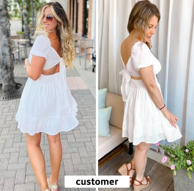 EXLURA Women's 2025 Summer Short Puff Sleeve Casual Short Mini Dresses Tie Back Square Neck A-Line Sundress – Bild 4