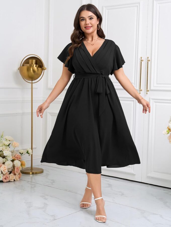 Womens Plus Size Dress Wedding Guest Cocktail Pleated V Neck Wrap V Neck Flowy A Line Midi Dresses with Belt – Bild 5