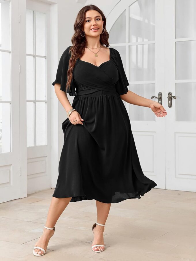 Women's Plus Size Midi Dress Sweetheart Neck Short Sleeve Wedding Guest Cocktail A Line Flowy Dress – Bild 5