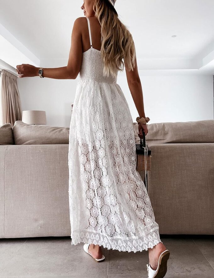 Generisch Sommerkleid Damen V Ausschnitt Floral Spitze Quasten Spaghetti Trägerkleid Freizeitkleider Hi-Low Party Boho Beach Maxi Dress, XS-3XL – Bild 4