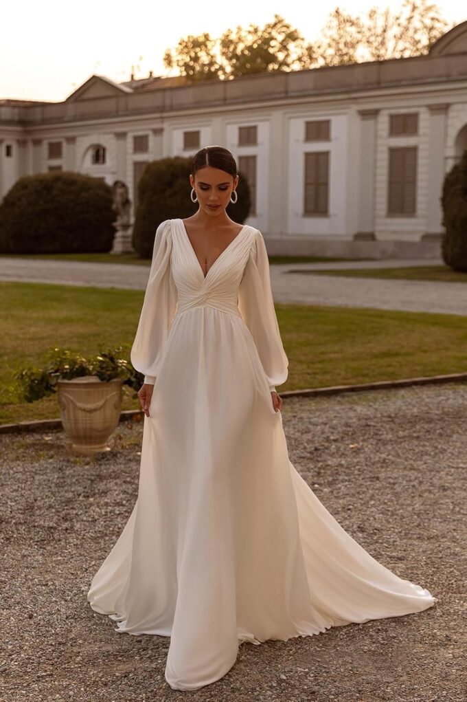 PSFVHHQI Hochzeitskleid Brautkleider Langarm V-Ausschnitt Standesamt Brautmode Brautkleider, White 01, 32 – Bild 4