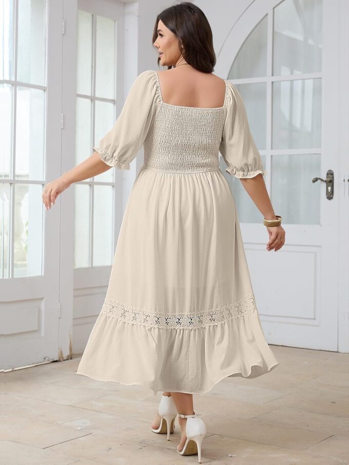 SCOMCHIC Women's Plus Size Maxi Dress Short Sleeve Square Neck Smocked Flowy A-Line Lace Trim Boho Wedding Guest Dresses – Bild 6