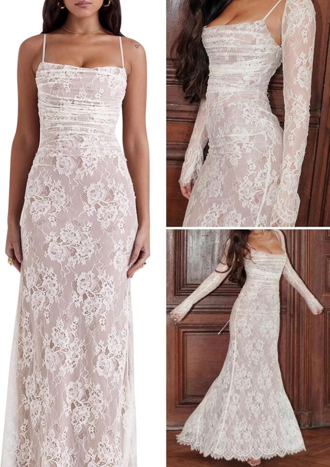 Women Cami Lace Maxi Dress Romantic Long Sleeve Lace Bodycon Dresses Elegant – Bild 4
