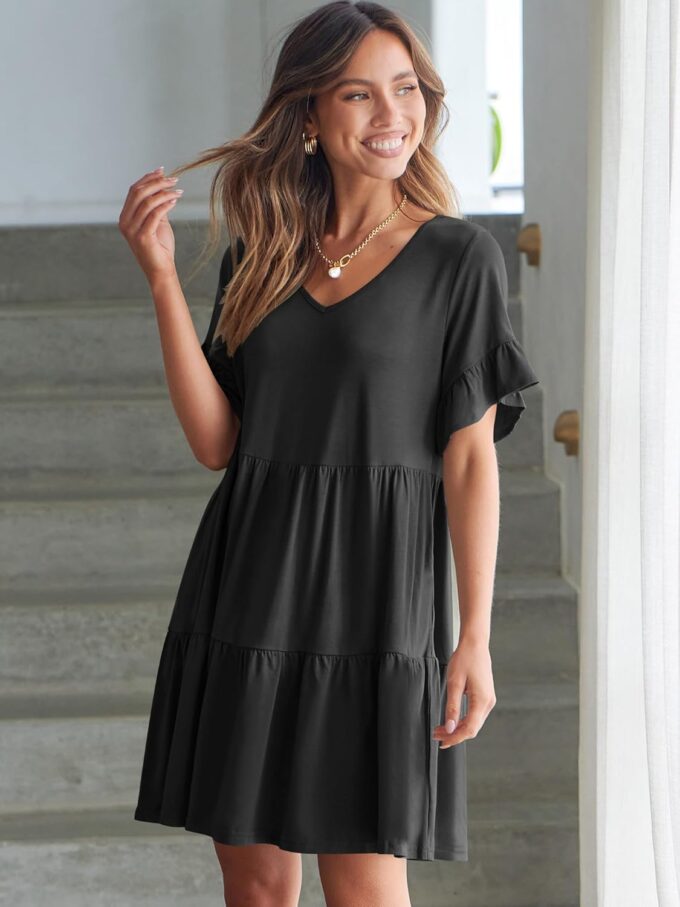 ANRABESS Dresses for Women Summer 2025 V Neck Ruffle Sleeve A Line Tiered Flowy Casual Trendy Mini Beach Dress with Pockets – Bild 8