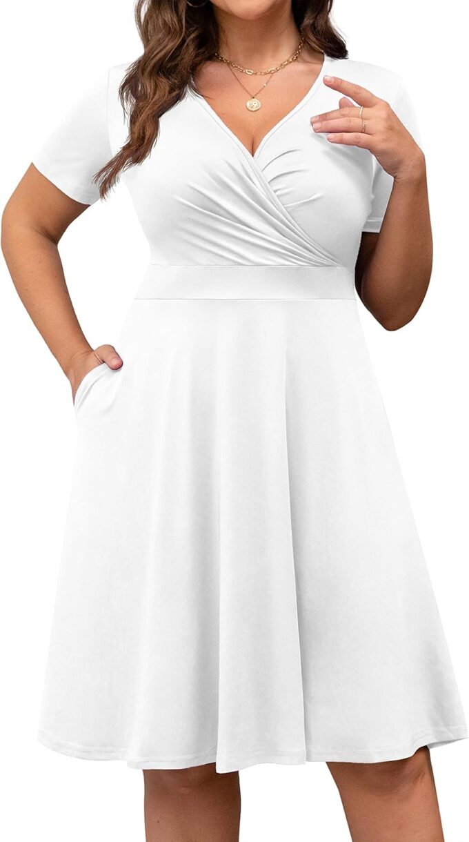 POSESHE Womens Plus Size Dresses Summer Short Sleeve Wrap V-Neck Sundress Casual Wedding Guest Cocktail Dress with Pockets – Bild 4