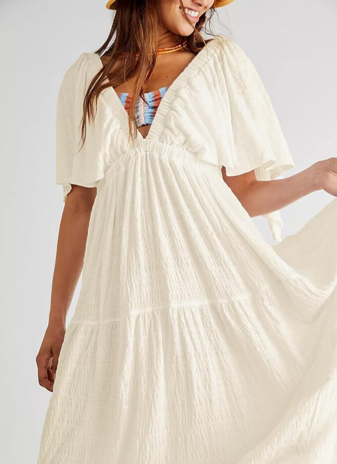 Women Summer Dresses Sexy V-Neck Maxi Dress Tiered Silhouette with Flutter Sleeve Backless Elastic Waist Flowy Dress – Bild 5