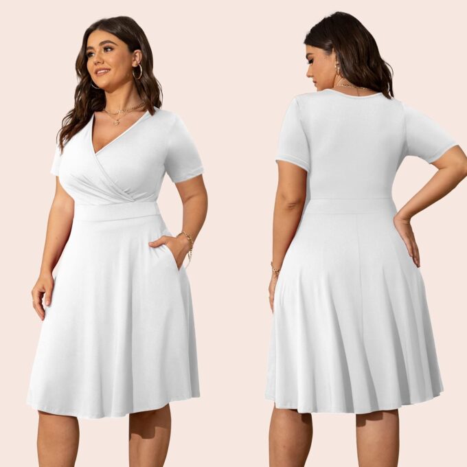 POSESHE Womens Plus Size Dresses Summer Short Sleeve Wrap V-Neck Sundress Casual Wedding Guest Cocktail Dress with Pockets – Bild 2
