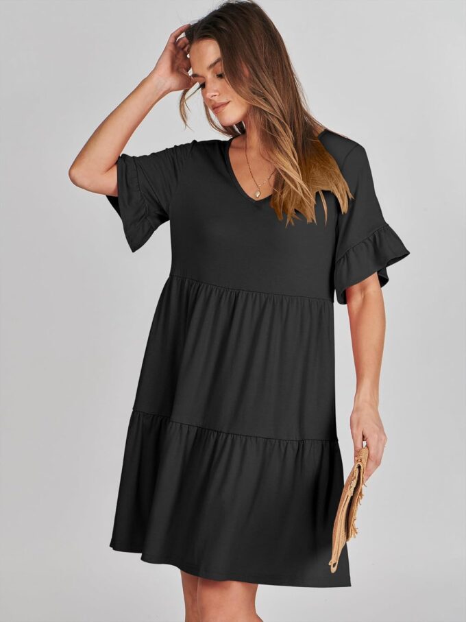 ANRABESS Dresses for Women Summer 2025 V Neck Ruffle Sleeve A Line Tiered Flowy Casual Trendy Mini Beach Dress with Pockets – Bild 7