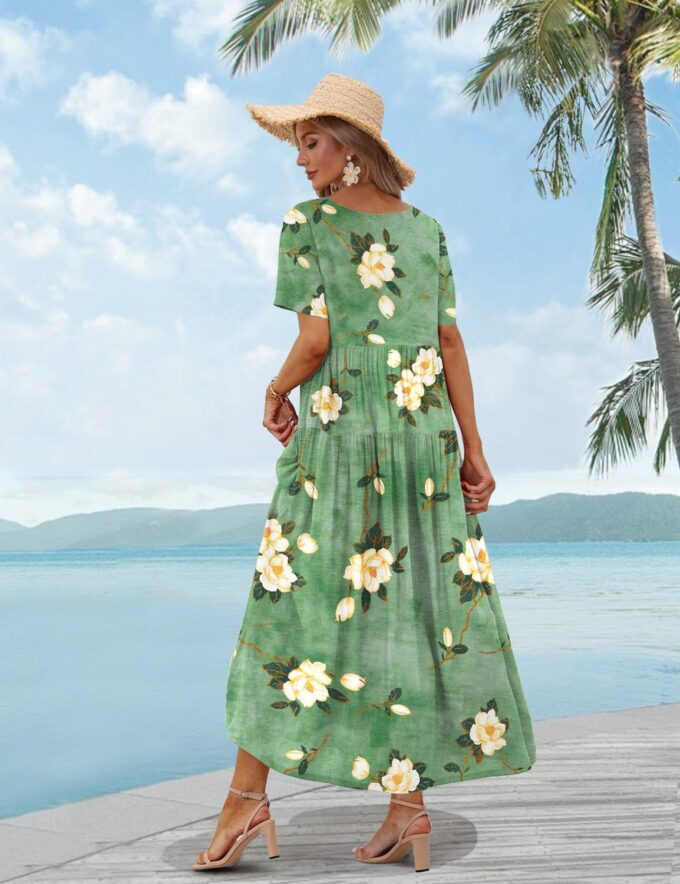 YESNO Women Casual Loose Bohemian Floral Dress with Pockets Short Sleeve Long Maxi Summer Beach Swing Dress EJF – Bild 4