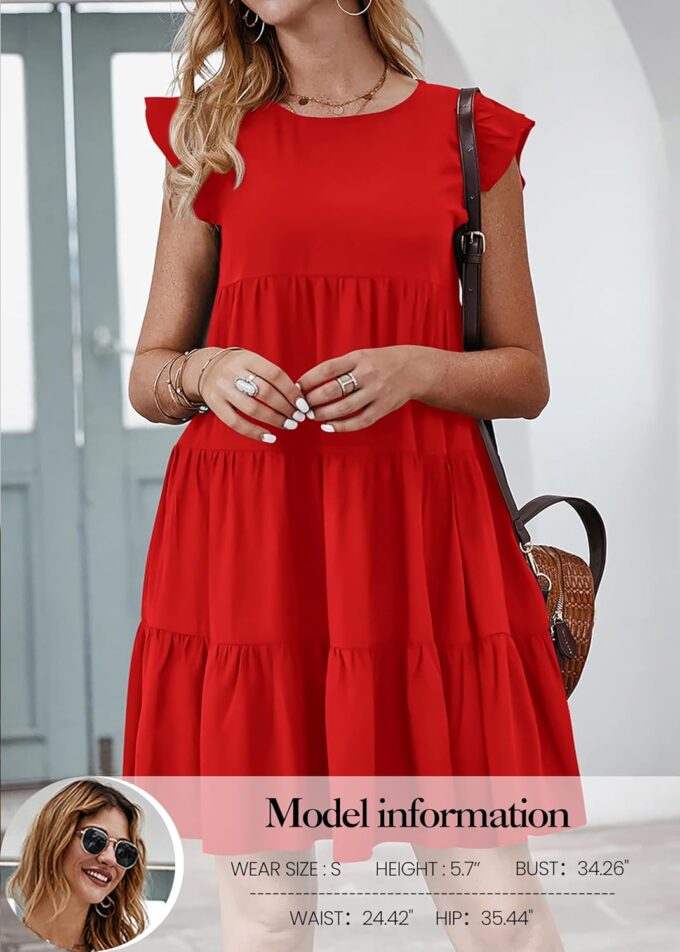 KIRUNDO Women's Summer Dresses Sleeveless Ruffle Sleeve Round Neck Solid Loose Short Flowy Pleated Mini Babydoll Dress – Bild 2