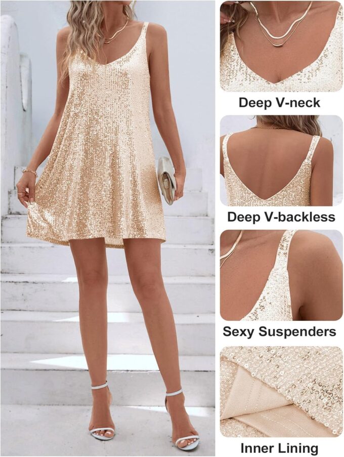 Women's Sequin Dress for Women Sparkly Glitter V Neck Shift Cocktail Disco Outfit Party Club Night Out Mini Dresses – Bild 4
