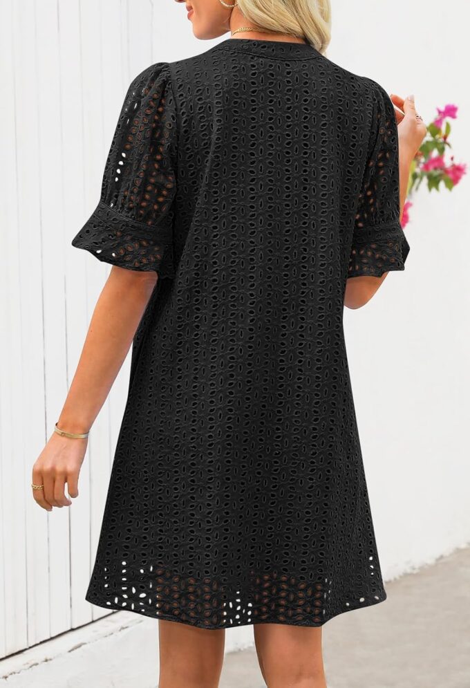 MEROKEETY Women's 2025 Summer Short Sleeve Mini Dress V Neck Ruffle Hollow Out Eyelet Lace Dresses – Bild 4