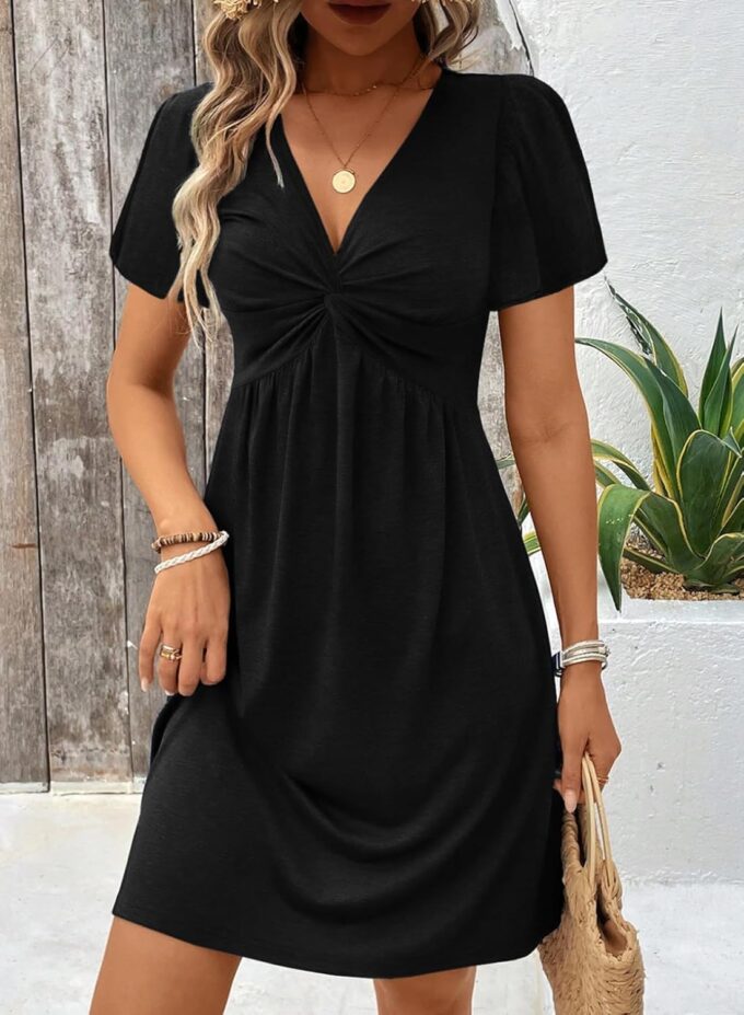Acelitt Womens Casual Summer Twist Front V Neck Short Sleeve Mini Dress, S-XXL – Bild 2