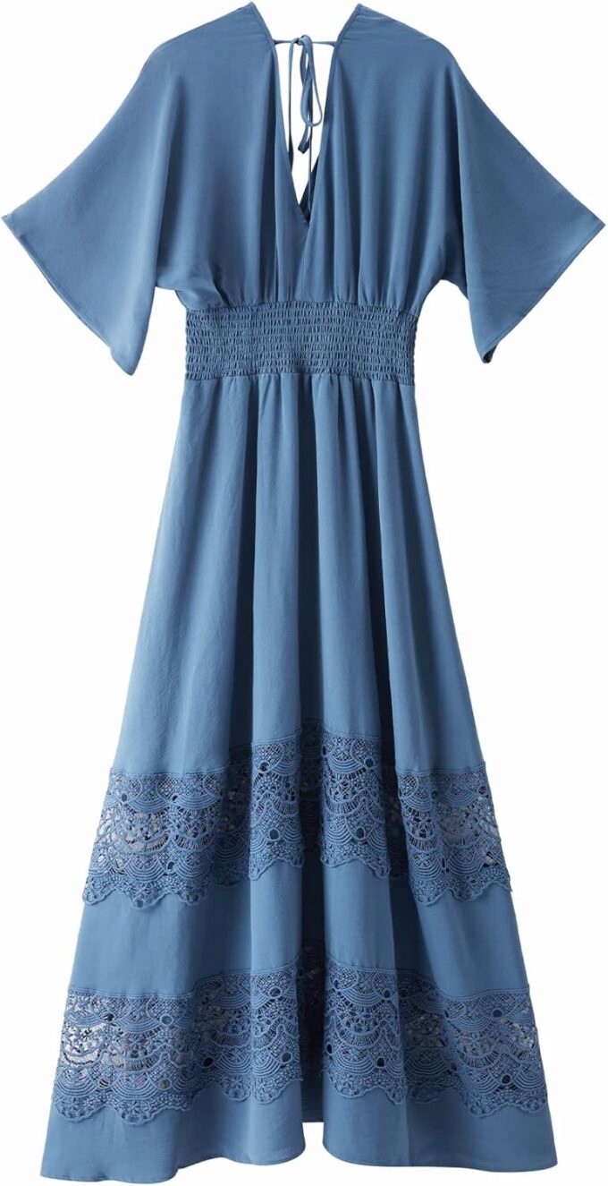 Women's Lace Maxi Dress Short Sleeve V Neck Party Dress Smocked Waist Boho Maxi Dress Bohemian Dress for Women – Bild 2