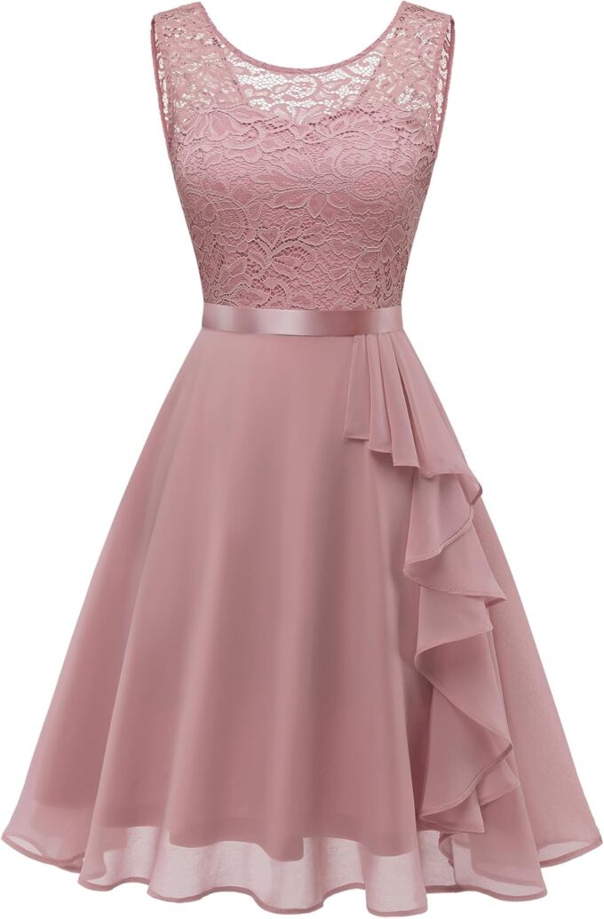 BeryLove Women's Cocktail Dresses Prom Wedding Guest Short Bridesmaid Dresses Ruffle Hem Sleeveless Lace Formal Dress