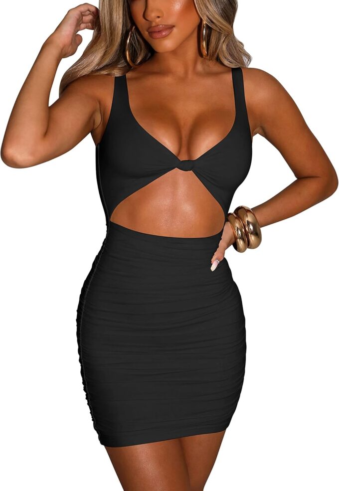 Kaximil Women's Sexy Bodycon Sleeveless Cut Out Ruched Tank Mini Club Party Dresses – Bild 2