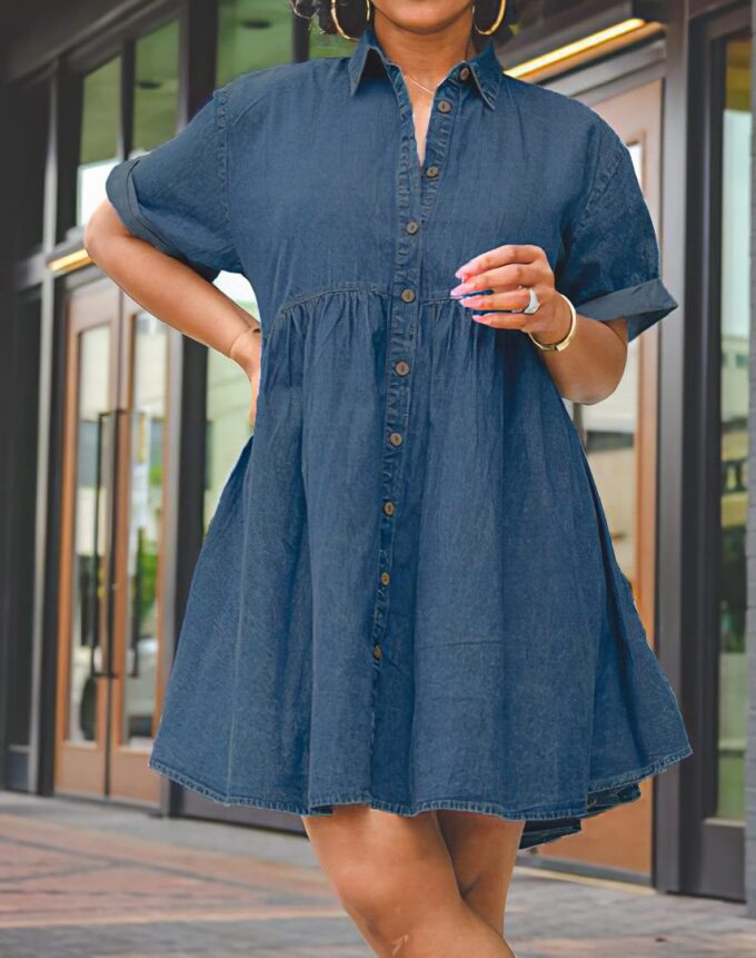 Womens Denim Babydoll Dresses Button Down Tiered Jean Dress – Bild 5