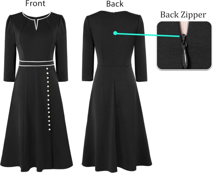 VFSHOW Damen-Midikleid mit Plisseefalten, V-Ausschnitt, Taschen, Knöpfen, Arbeit, Büro, Business, A-Linie – Bild 5