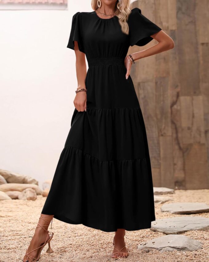 PRETTYGARDEN Women's Summer Casual Short Flutter Sleeve Round Neck Smocked Waist Tiered Boho Floral Flowy Maxi Dress – Bild 6