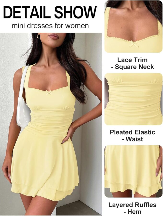 Women's Square Neck Ruffle Mini Dresses Ruched Waist Slim Sleeveless Corset Dress for Women Summer Short Party Dress – Bild 3