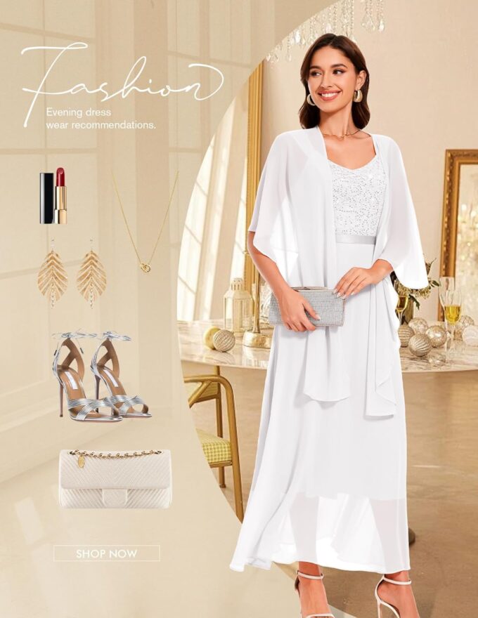 Berylove Damen Abendkleid Lang mit Stola Pailletten Kleid Cocktailkleid Elegant für Hochzeit Festliches Kleid – Bild 4