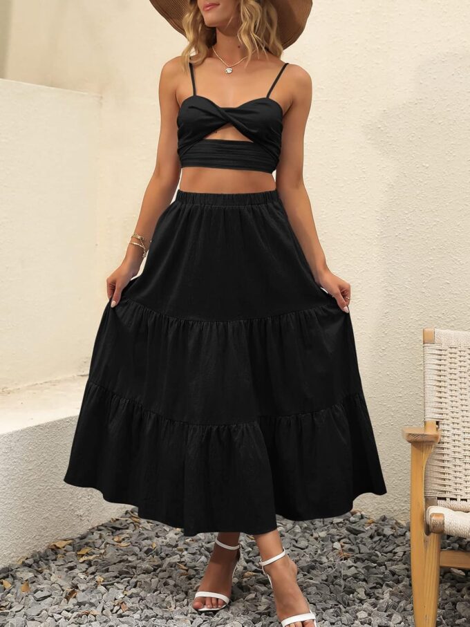 ANRABESS Women’s Summer Boho Flowy Swing Tiered A-Line Maxi Skirt 2025 Fashion Trendy Elastic Waist Pleated Long Beach Dress – Bild 4