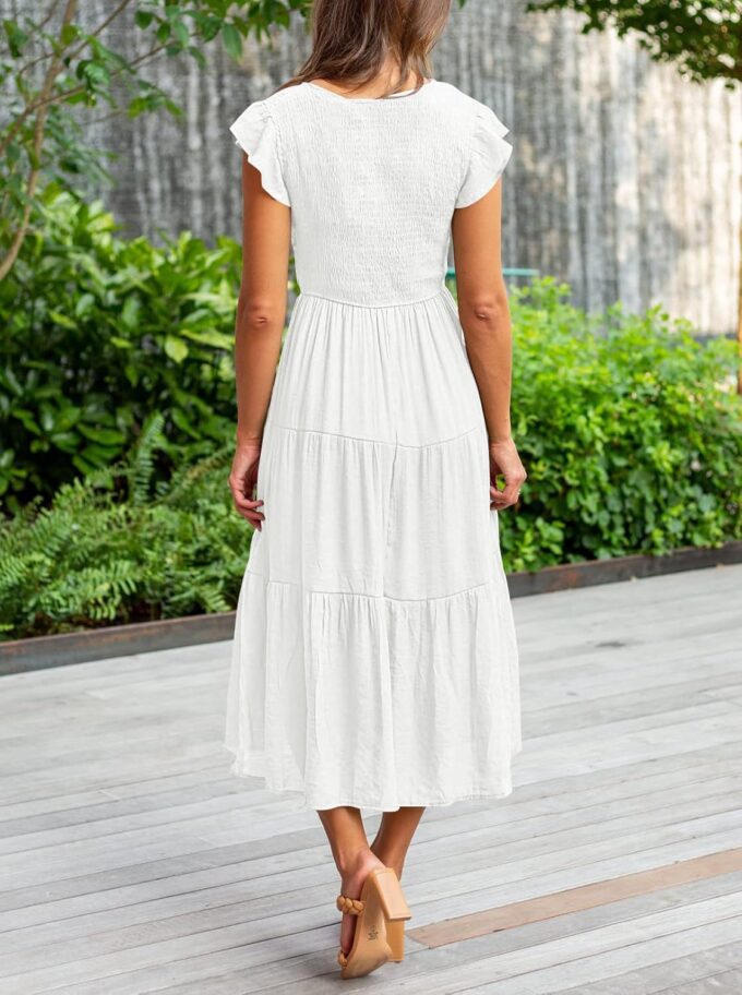 MEROKEETY Women's Flutter Sleeve Smocked Midi Dress V Neck Casual Tiered Dresses with Pockets – Bild 4