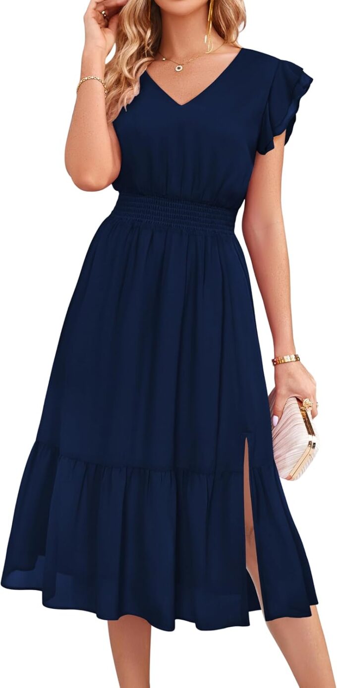 GRACE KARIN Women's V Neck Ruffle Sleeve Summer Dress 2025 Split Flowy Tiered Midi Dress Wedding Guest Cocktail Dresses