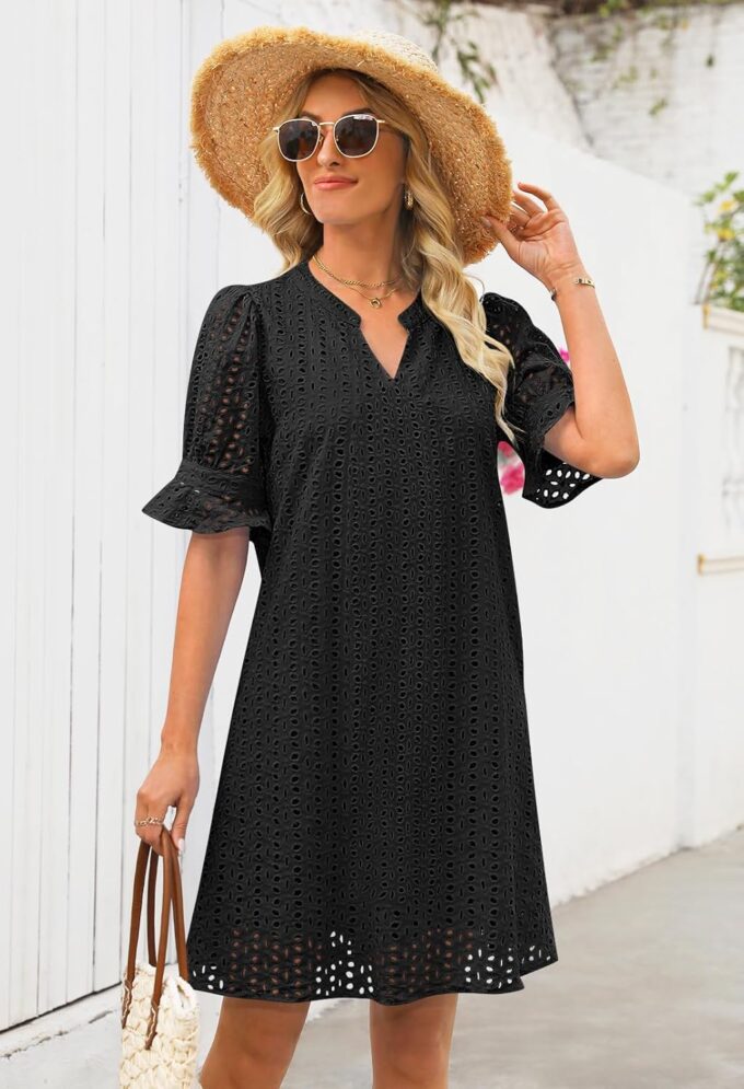 MEROKEETY Women's 2025 Summer Short Sleeve Mini Dress V Neck Ruffle Hollow Out Eyelet Lace Dresses – Bild 5