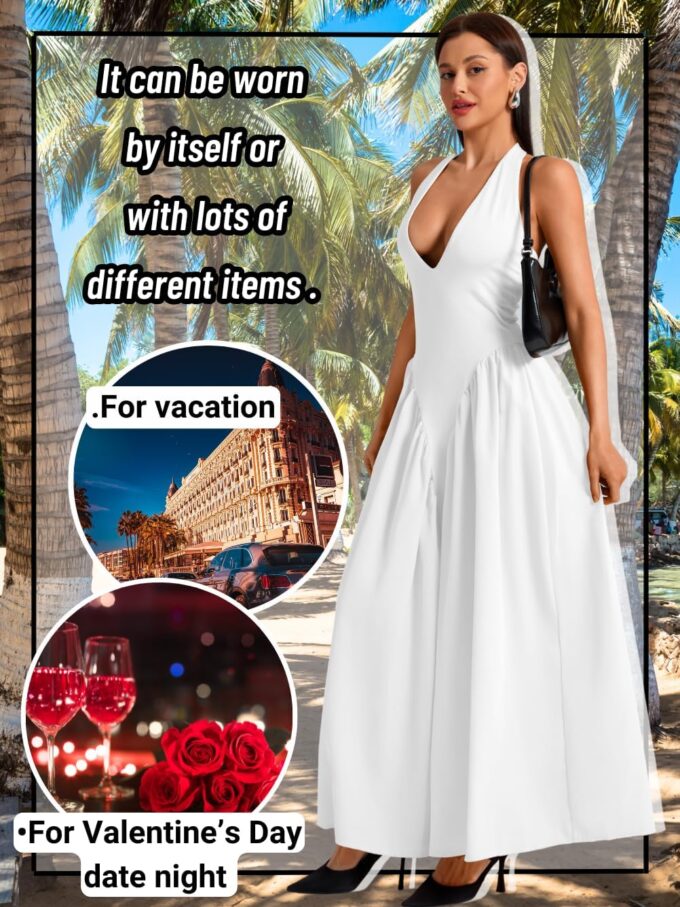 Deep V Neck Dress, Halter Maxi Dresses, Vacation Date Night, Sexy for Women Corset Flowy Wedding Guest Drop Waist – Bild 4