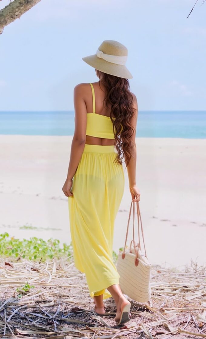 Women Sexy 2 Piece Outfits Dress Chiffon Strap Deep V Neck Bra Crop Top High Split Maxi Dresses Skirt Set – Bild 6