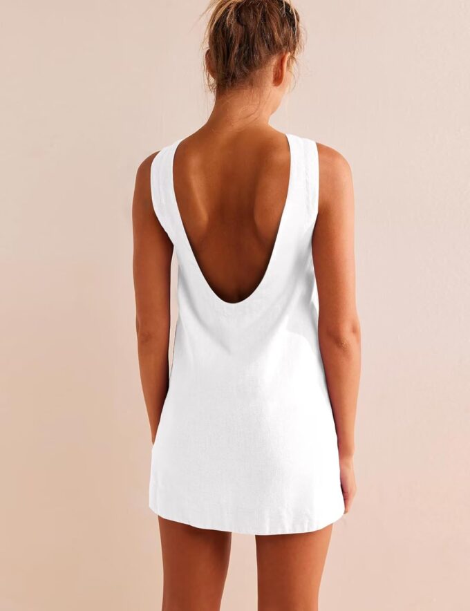 VIUTIL Womens Summer Linen Mini Dress Boat Neck Low Back Sleeveless Tank Dresses with Pockets 2025 Vacation Outfits – Bild 3