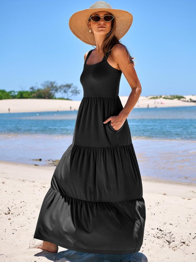 ANRABESS Women's Summer Casual Long Maxi Beach Vacation Dresses Sleeveless Square Neck Flowy Tiered Sun Dress with Pockets – Bild 3