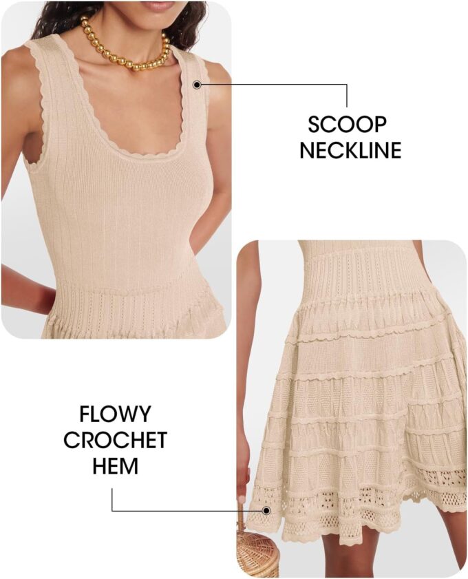 Fisoew Womens Summer Mini Dresses Casual Crewneck Knitted Crochet Hem Flowy Tank Sundress – Bild 6