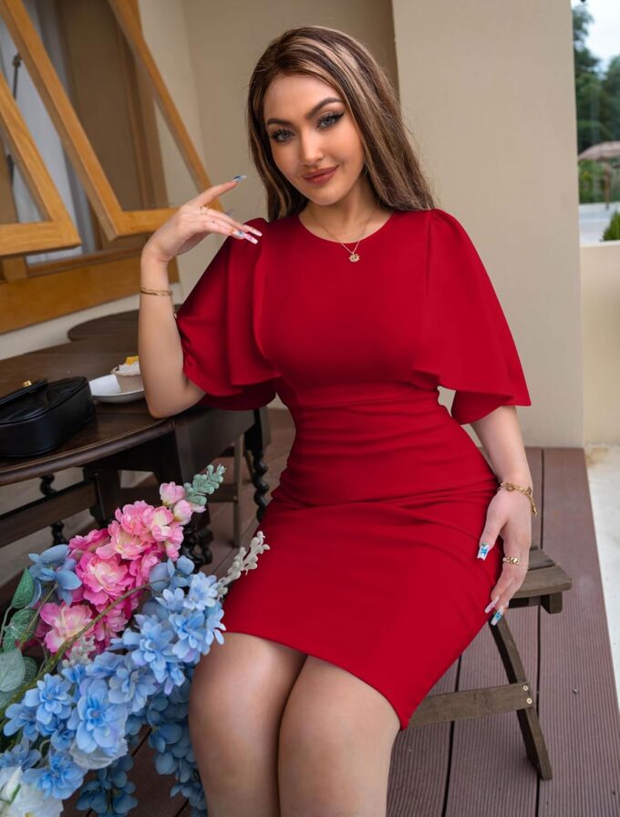 Memoriesea Damen-Midikleid mit Rüschen, ausgestellte Ärmel, figurbetont, Bleistiftkleid, formelles Cocktailkleid – Bild 5