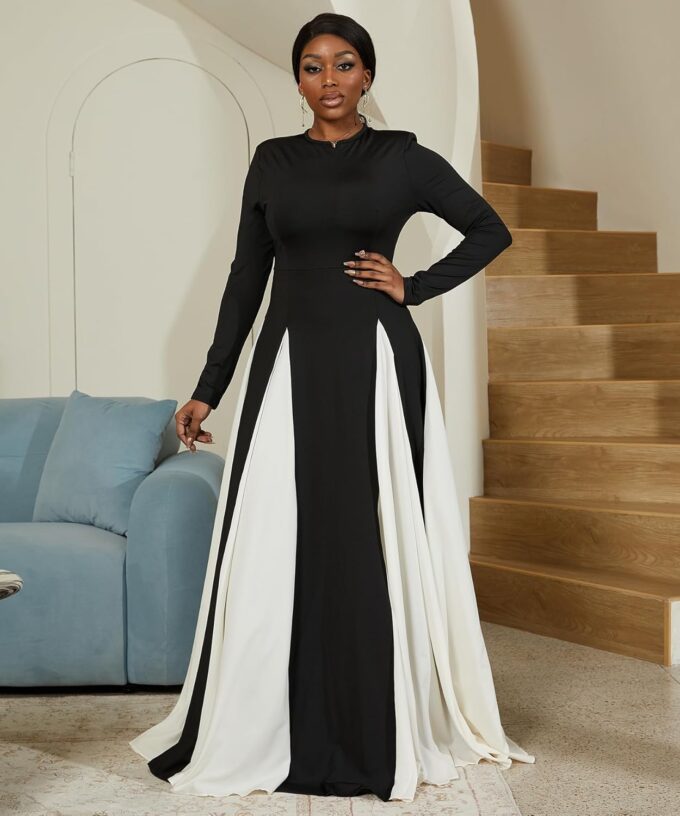 Wedding Guest Dresses for Women Elegant Long Sleeve Patchwork Pleated Swing Long Dress Formal Maxi Dress – Bild 7