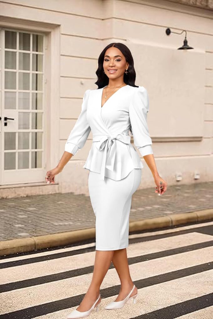 Yiershu Elegant Church Dress for Women Sexy v Neck 3/4 Sleeve Peplum Dress Business – Bild 4