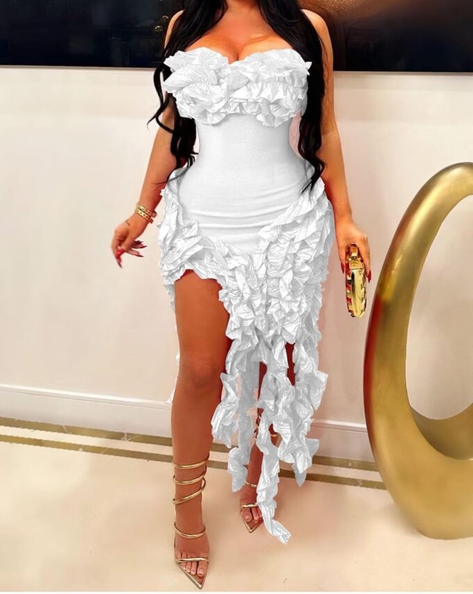 IyMoo Women Sexy Strapless Ruffle Bodycon Dress Solid Color Fringe Slim Party Cocktail Bandage Dresses – Bild 5