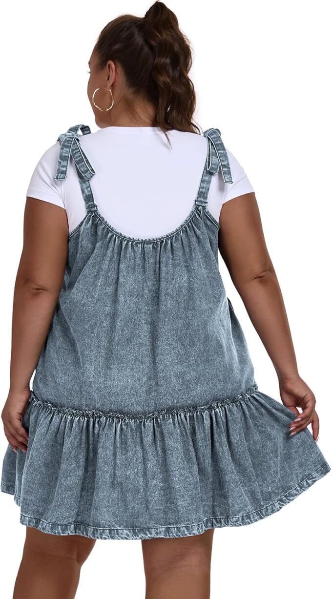 Women Denim Cami Dress Tie Shoulder Ruffle Hem Short Dresses Babydoll Wash Jean Sundress with Pocket – Bild 4