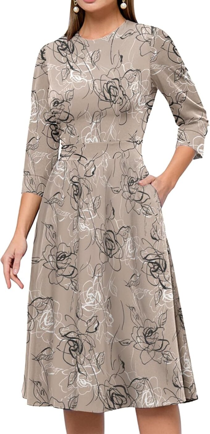 Simple Flavor Women's Floral Vintage Dress Elegant Midi Evening Dress 3/4 Sleeves – Bild 6