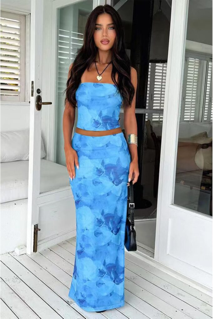 2 Piece Skirt Sets for Women Summer, Floral Sleeveless Tube Top Bodycon Maxi Skirts Y2k Vacation Going Out Outfits – Bild 2