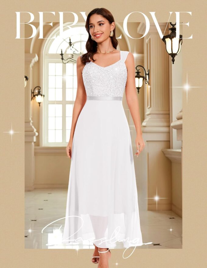 Berylove Damen Abendkleid Lang mit Stola Pailletten Kleid Cocktailkleid Elegant für Hochzeit Festliches Kleid – Bild 2