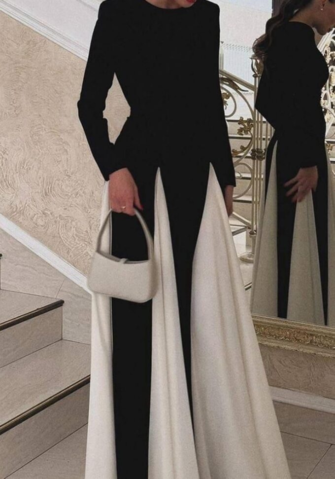 Wedding Guest Dresses for Women Elegant Long Sleeve Patchwork Pleated Swing Long Dress Formal Maxi Dress – Bild 3