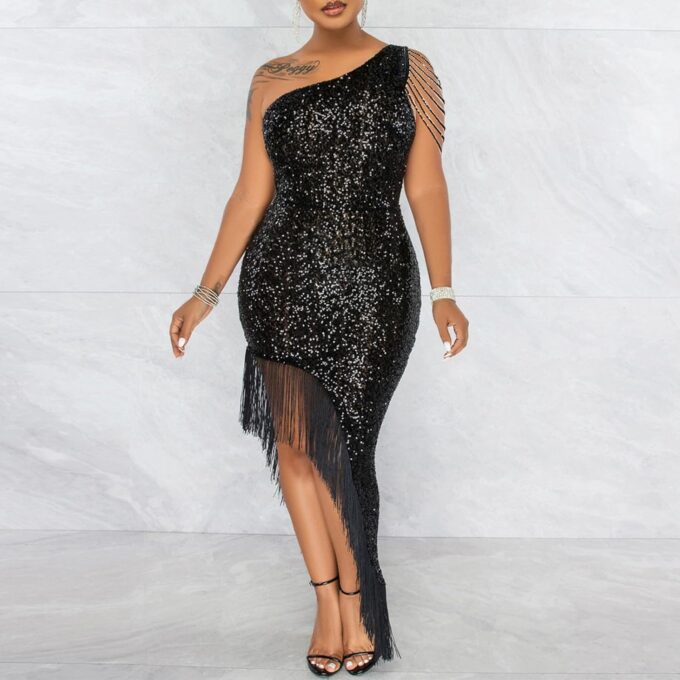 Cololura Women Sequin Elegant Sexy Tassels One Shoulder Mermaid Bodycon Cocktail Evening Midi Party Formal Dress – Bild 4