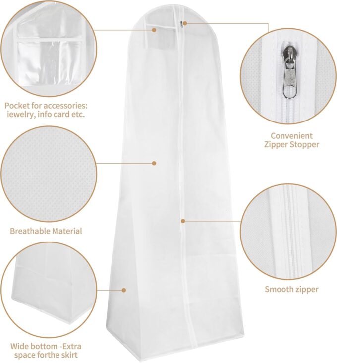 2 Stück Brautkleidhülle Kleidersack 180 cm,Anti-Staub Atmungsaktiver Hochzeitskleid Kleidersack mit Mit Reißverschluss, Geeignet für Brautkleider, Kleider, Mäntel, Lange Mäntel usw – Bild 3