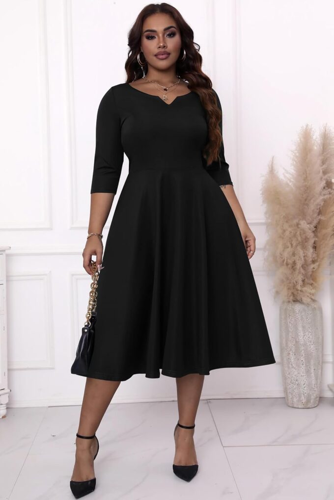 Runwind Plus Size Dresses Women Fit and Flare A-Line Swing Dress 3/4 Sleeve Midi Church Wedding Guest Cocktail Party Dresses – Bild 4