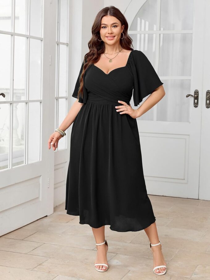 Women's Plus Size Midi Dress Sweetheart Neck Short Sleeve Wedding Guest Cocktail A Line Flowy Dress – Bild 6