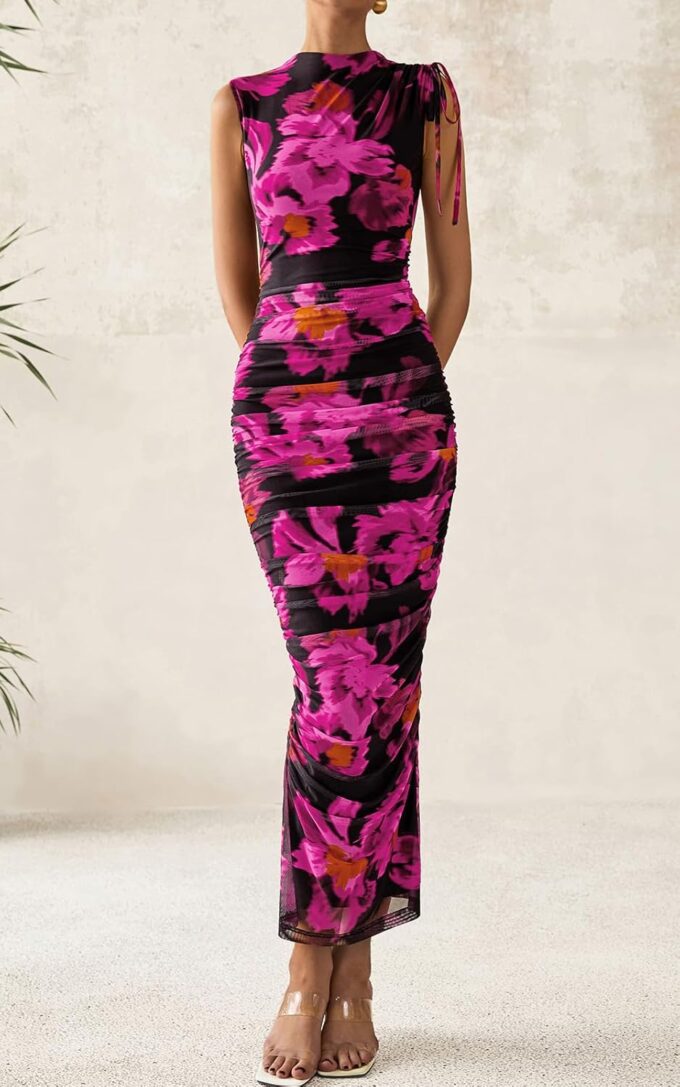 PRETTYGARDEN Women's Summer Maxi Floral Dresses Ruched Bodycon Sleeveless Mesh Formal Wedding Guest Cocktail Split Long Dress – Bild 6