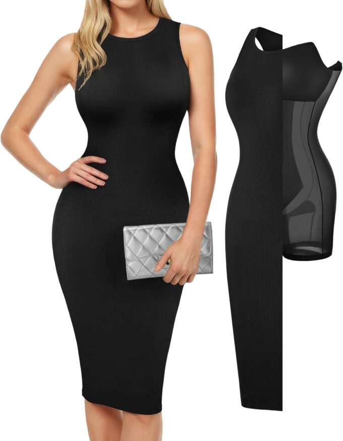 Popilush Midi Dresses for Women - Bodycon Shapewear Sleeveless Crew Neck Dress Summer Party Causal Club Outfits