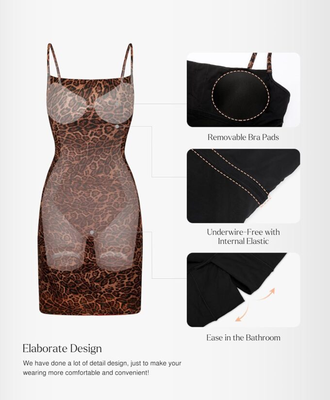 Popilush Leopard Print Dress with Built in Shapewear Spaghetti Strap Mini Dresses Mesh Ruched Bodycon Summer Splash – Bild 4